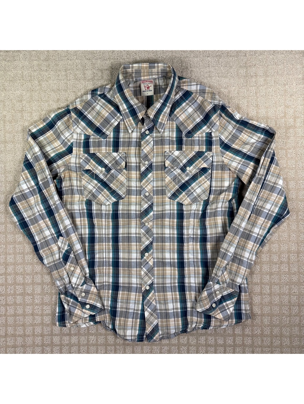 True Religion pearl snap plaid button-up shirt size L